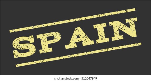 Spain watermark stamp. Text tag between parallel lines with grunge design style. Rubber seal stamp with dust texture. Vector khaki yellow color ink imprint on a gray background.