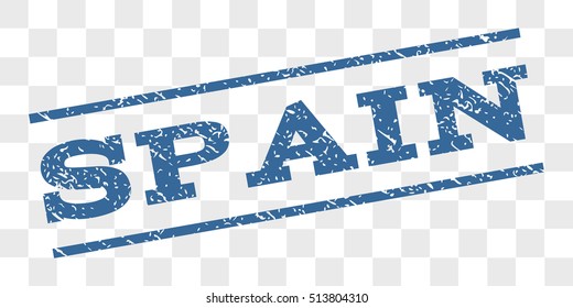 Spain watermark stamp. Text tag between parallel lines with grunge design style. Rubber seal stamp with scratched texture. Vector cobalt blue color ink imprint on a chess transparent background.