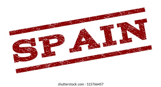 Spain watermark stamp. Text tag between parallel lines with grunge design style. Rubber seal stamp with dirty texture. Vector dark red color ink imprint on a white background.