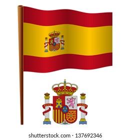 spain wavy flag and coat of arm against white background, vector art illustration, image contains transparency