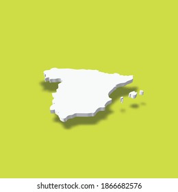 España - mapa blanco de silueta 3D de área de campo con sombra caída sobre fondo verde. Simple ilustración vectorial plana.