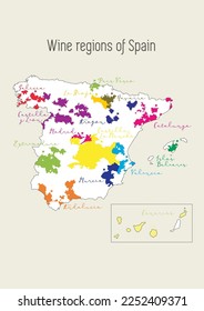 Spain wine map. Map of Spain vineyards with wine regions in Spanish language, like La Rioja, Galicia, Catalunya