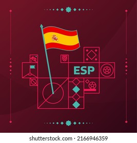 spain world football tournament 2022 vector wavy flag pinned to a soccer field with design elements. World football 2022 tournament final stage. Non Official championship colors and style.