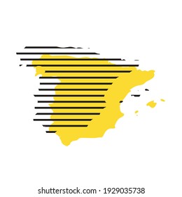 Spain - yellow country silhouette with shifted black stripes. Memphis Milano style design. Slimple flat vector map.