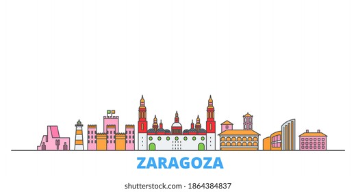 Spain, Zaragoza line cityscape, flat vector. Travel city landmark, oultine illustration, line world icons