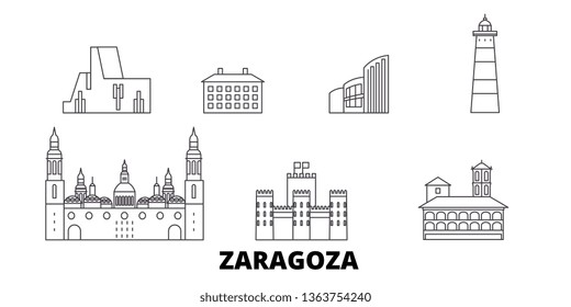 Spain, Zaragoza line travel skyline set. Spain, Zaragoza outline city vector illustration, symbol, travel sights, landmarks.