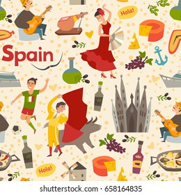 Spainish landmark pattern vector background. Hand draw backdrop with Spain icon. Cartoon abstract seamless pattern. Wallpaper with flamenco, guitar, bullfight and food