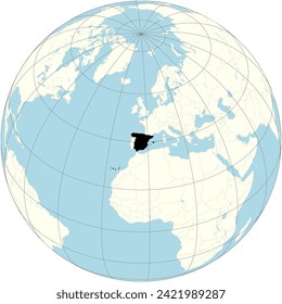 Spain's outline prominently displayed in the orthographic projection of the world map, hascultural diversity and historical influence in Europe.