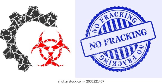 Spall mosaic biohazard industry icon, and blue round NO FRACKING textured stamp seal with word inside circle form. Biohazard industry collage icon of detritus items which have various sizes,