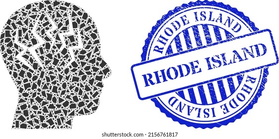 Spall mosaic brainstorm icon, and blue round RHODE ISLAND grunge stamp imitation with caption inside circle form. Brainstorm mosaic icon of detritus particles which have various sizes, and positions,