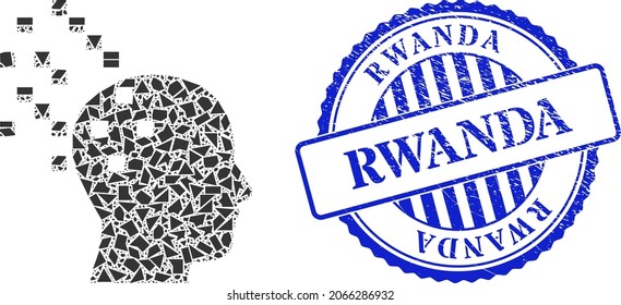 Spall mosaic digital brain compilation icon, and blue round RWANDA scratched stamp with text inside round form. Digital brain compilation mosaic icon of spall parts which have randomized sizes,