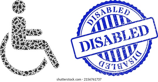 Spall mosaic disabled person icon, and blue round DISABLED rubber print with text inside round form. Disabled person mosaic icon of spall particles which have variable sizes, and positions,