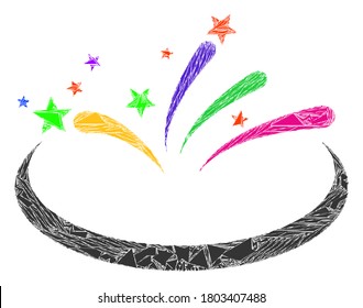 Spall mosaic fireworks area icon. Fireworks area mosaic icon of shards items which have randomized sizes, and positions, and color hues. Vector collage for abstract images.