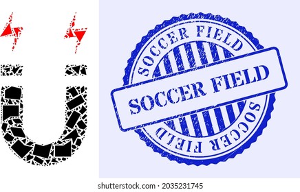 Spall mosaic horseshoe magnet icon, and blue round SOCCER FIELD scratched stamp with word inside round shape. Horseshoe magnet mosaic icon of fraction parts which have various sizes, and positions,