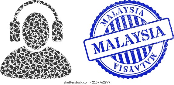 Spall mosaic listen headphones icon, and blue round MALAYSIA dirty seal with text inside circle form. Listen headphones collage icon of shard elements which have randomized sizes, and positions,