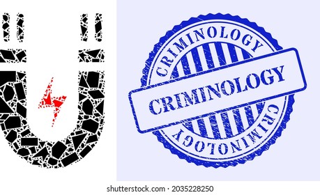 Spall mosaic magnetic power icon, and blue round CRIMINOLOGY grunge seal with text inside round form. Magnetic power mosaic icon of spall elements which have randomized sizes, and positions,