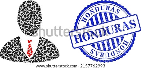 Spall mosaic manager icon, and blue round HONDURAS rubber stamp seal with text inside round shape. Manager collage icon of spall parts which have various sizes, and positions, and color tints.