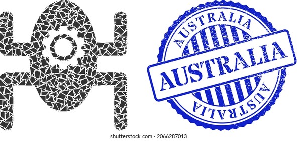 Spall mosaic microrobot icon, and blue round AUSTRALIA rubber stamp seal with tag inside round form. Microrobot mosaic icon of spall parts which have different sizes, and positions, and color tinges.