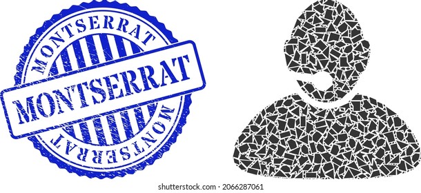 Spall Mosaik Operator Symbol und blau rund MONTSERRAT schmutzigen Stempel mit Tag in runden Form. Operator Collage Symbol von Fragmenten, die verschiedene Größen, Positionen und Farben haben.
