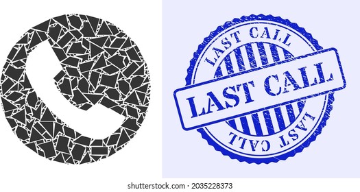 Spall mosaic phone icon, and blue round LAST CALL textured stamp seal with tag inside circle form. Phone mosaic icon of fragment items which have various sizes, and positions, and color tints.