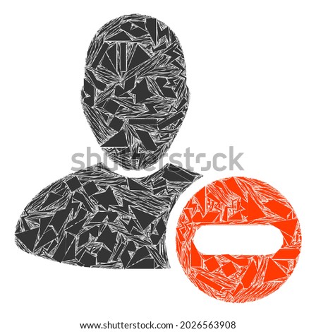 Spall mosaic remove user icon. Remove user mosaic icon of spall items which have various sizes, and positions, and color tinges. Vector combination for abstract images.