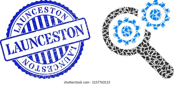 Spall mosaic search engine icon, and blue round LAUNCESTON rubber stamp seal with text inside round shape. Search engine mosaic icon of fraction items which have variable sizes, and positions,