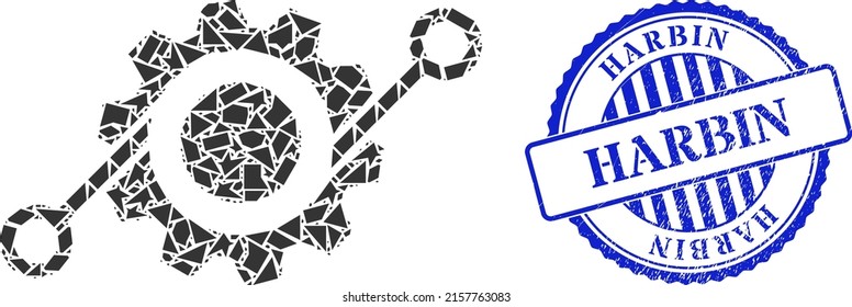 Spall mosaic smart gear icon, and blue round HARBIN rubber stamp seal with tag inside circle shape. Smart gear mosaic icon of fragment elements which have variable sizes, and positions,