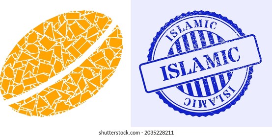 Spall mosaic wheet seed icon, and blue round ISLAMIC grunge stamp print with word inside round form. Wheet seed collage icon of debris parts which have randomized sizes, and positions,