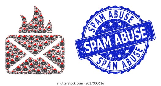 Spam Abuse textured round stamp seal and vector recursive collage hot mail. Blue stamp seal has Spam Abuse tag inside round shape. Vector collage is made from repeating hot mail pictograms.