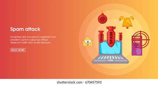 Spam attack horizontal concept. Cartoon illustration of spam attack banner horizontal vector for web