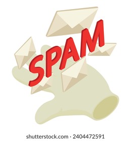 Spam attack icon isometric vector. Closed spam mail envelope and human hand icon. Mass mailing, marketing, internet technology