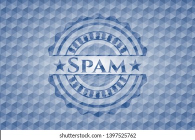 Spam blue emblem or badge with abstract geometric pattern background. Vector Illustration. Detailed.