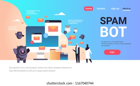 spam bot email spamming attack robot computer application internet spammer concept artificial intelligence flat horizontal banner copy space vector illustration