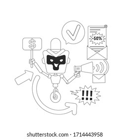 Spam bot thin line concept vector illustration. Unwanted ads newsletter. Bad AI robot 2D cartoon character for web design. Advertisement and letters automated sending software creative idea