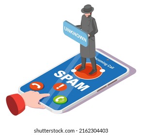 Spam call vector Phone fraud and scam illustration. Hacker unknown number calling on smartphone. Fake robocall, vishing and anonymous incoming call