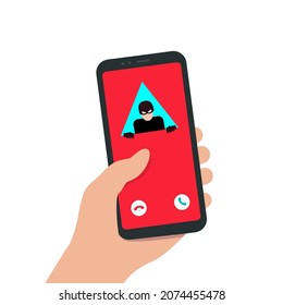  Spam Call to your Smartphone. Hacker attack. The concept of spam data, insecure connection, online fraud and malware through fake calls, phishing, social engineering. Vector illustration isolated. 