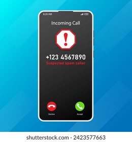 Interfaz de llamadas de spam concepto de pantalla de teléfono móvil advertencia de llamada no deseada Respuesta o denegación de una ilustración de vector de llamada entrante