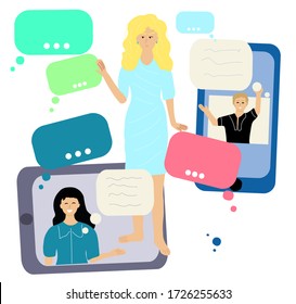 Spam content attacks young woman. Hering and reading spam information in her mobil phone and tablet. Social network and new's detox. Hand drawn time waster concept vector illustration. 