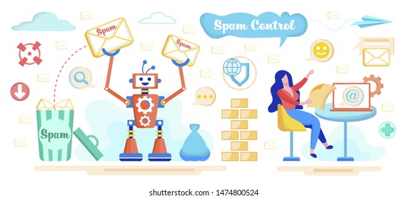 Spam Control Service with Artificial Intelligence, E-mail Safety and Protection App Flat Vector Concept. Internet User Reading Emails, Robot Sorting Messages, Sending Spam in Trashcan Illustration