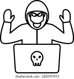 Spam and cybercrime Concept, Skull and crossbones on a laptop screen vector line icon design, cyber-terrorism symbol, Cyberpunk Sign, security breakers stock illustration