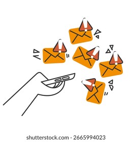 Alerta de correo electrónico de spam en el icono de ilustración de teléfono móvil en estilo doodle dibujado a mano