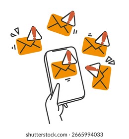 Spam email alert on mobile phone illustration icon in hand drawn doodle style
