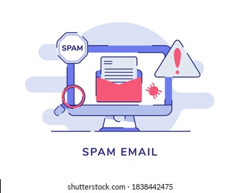 Spam email concept bug email on display computer screen white isolated background with flat style