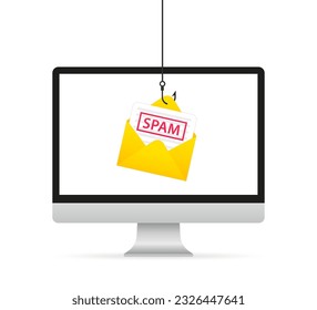 Concepto de correo basura. Mensaje de correo basura en la pantalla del portátil. Aviso y notificación de correo basura de alerta. Sobre con spam. Buzón de correo de spam. Concepto de fraude de correo electrónico de virus.  Concepto de phishing de Internet. Ilustración del vector