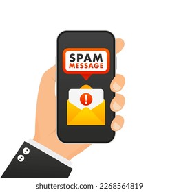 Concepto de correo basura en un smartphone. Icono del vector de correo electrónico de SPAM. Publicidad, phishing, distribución. Correo no deseado. Alertas de error de peligro, problema de virus. Ilustración del vector
