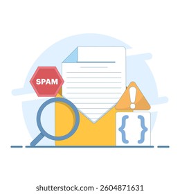 Spam email concept set enlarged bug email warning sign on computer monitor screen. Laptop with envelope and document with exclamation mark on screen. warning message. Flat design illustration