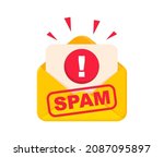 Spam email. Envelope with spam. Spam message. Warning and alert spam notification. Spamming mailbox. Virus, email fraud concept. Vector Illustration.