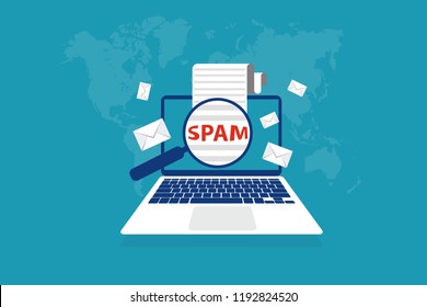 Spam Email Envelope Warning Window Appear On Laptop Screen. Virus, piracy hacking and security concept.  Website banner of e-mail protection anti-malware software. Vector illustration Minimalist style