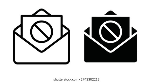 Spam email icon and blocked message vector. Envelope with restriction symbol for junk mail filters, prohibited content, and email security. Vector Illustration.