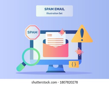 Spam-E-Mail-Illustrationswarnzeichenschild Vergrößern Bugemail auf Display-Monitor-Computer mit flachem Stil.